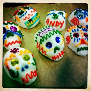Sugar skulls decorated with colourful icing for Day Of THe Dead