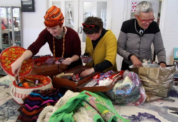 Zara, Alison and Frances sorting through the haberdashery stash