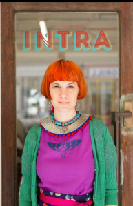 Zara Carpenter outside INTRA in customised clothes