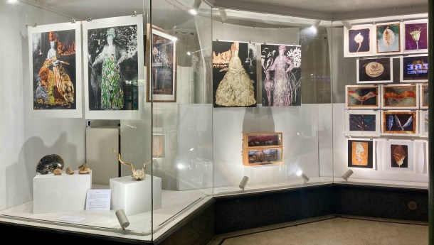 Exhibition in a shop window with monoprints and collages